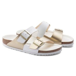 NIB Birkenstock Arizona Split Sandals White/Gold Narrow Width Select Size